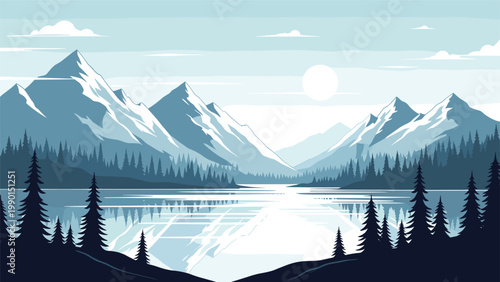 Peaceful mountain landscape with a calm lake reflecting the peaks and pine forest under a soft morning sun or moon.