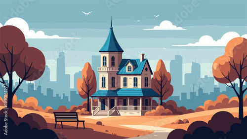Elegant blue roofed mansion situated in a park with autumn trees and a city skyline under a clear blue sky.