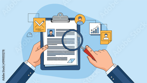 Close up of hands holding a magnifying glass to review a professional resume and candidate profile on a clipboard.