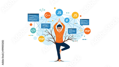 Creative illustration of a man in a tree yoga pose surrounded by a network of web programming and coding icons.