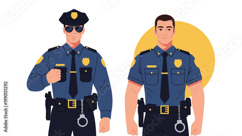 Two professional police officers in blue uniforms standing together with one wearing sunglasses and a duty belt.