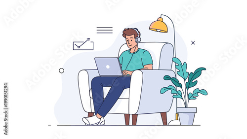 Man relaxing in a comfortable armchair at home while wearing headphones and working on his laptop computer.