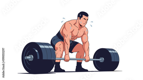Athletic man performing a heavy deadlift exercise with a barbell while sweating from intense weightlifting training.