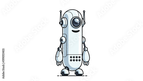 Friendly white robotic character with an antenna and smiling face isolated on a white background for technology and artificial intelligence.
