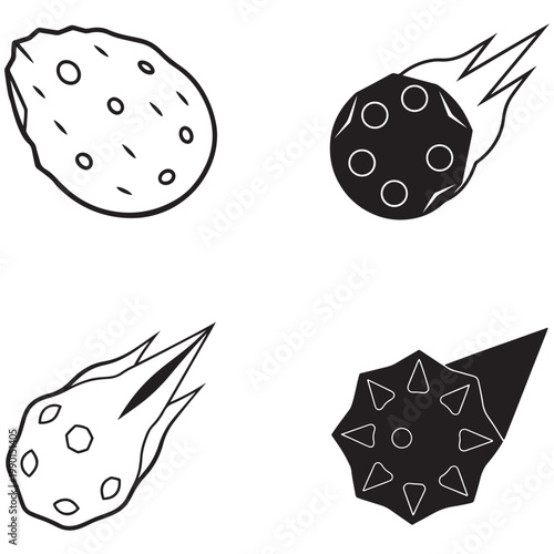 Four black and white meteorite and asteroid illustrations with various textures and flames  isolated on transparent background