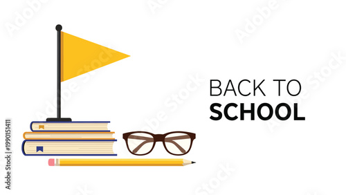 Composition of school books, reading glasses, a pencil, and a yellow flag on a white background for back to school marketing and education.
