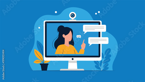 Desktop computer monitor screen displaying a woman in a video call with speech bubbles and potted plants on a bright blue background.