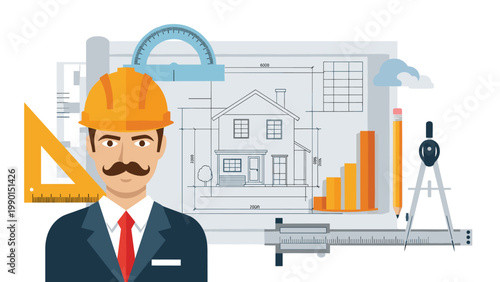 Male architect with a mustache wearing a yellow hard hat and suit in front of detailed house blueprints and various drafting tools.