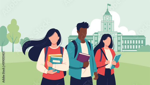 Diverse group of young university students holding books and backpacks in front of a classical campus building and green park area.