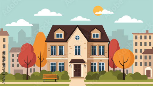 Classical three-story residential mansion surrounded by park trees with a distant city skyline and bright sun in the background.