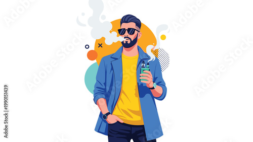 Stylish bearded man wearing a blue jacket and sunglasses using a vape mod with abstract colorful shapes and vapor on a white background.