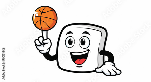 Basketball character cup icon holding a basketball and smiling with cheerful cartoon style on white background