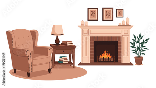 Interior of a cozy living room featuring a comfortable armchair, a fireplace with a burning fire, a side table, a lamp, and books.
