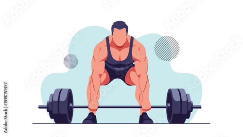 Strong muscular male athlete in a tank top lifting a heavy gym barbell in front of abstract shapes and a light blue background.