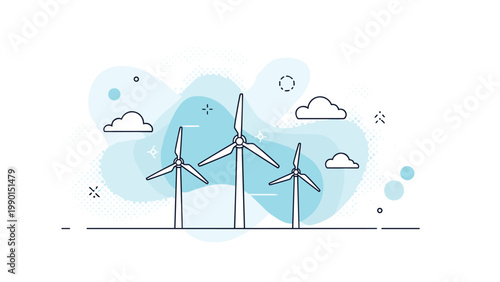 Stylized line art illustration of wind turbines on a decorative blue background featuring clouds and geometric design elements.