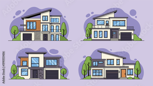 Collection of four different modern two-story residential house designs with flat roofs, garages, and manicured garden landscapes.