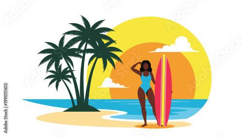 Silhouette of a woman standing on a tropical beach with a pink surfboard during a beautiful ocean sunset in paradise.