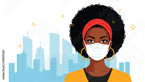 Portrait of a young African American woman with an afro hairstyle wearing a protective face mask and gold hoop earrings in a city environment.