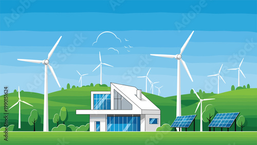 Eco-friendly modern house powered by renewable energy sources like wind turbines and solar panels located in a lush green field under a clear blue sky.