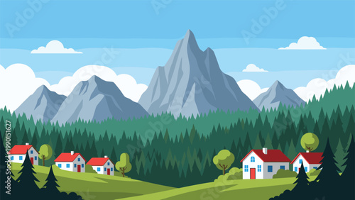 Scenic mountain landscape featuring small houses with red roofs nestled in a lush green valley surrounded by a dense pine forest.
