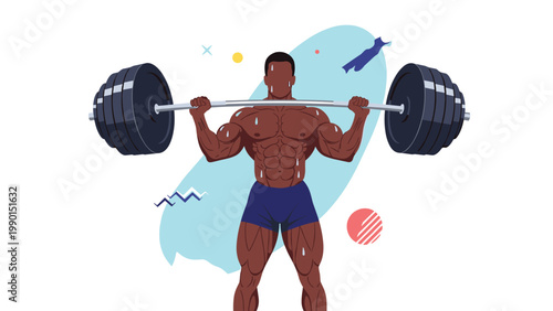Bodybuilder with a muscular physique performing a heavy barbell shoulder press exercise against an abstract blue and white background.