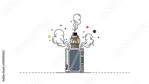 Detailed illustration of an electronic cigarette device with vapor clouds and colorful abstract dots on a white background with a dashed line.