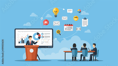 Businessman giving a presentation from a podium using a large screen displaying charts and data to a group of people in a meeting room.