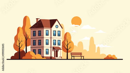 Three-story apartment building surrounded by autumn trees with orange and yellow leaves under a warm setting sun in a peaceful neighborhood.