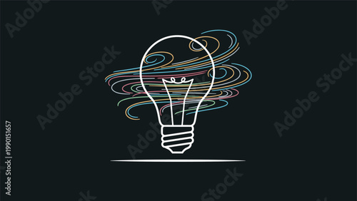 White outline of a light bulb filled with vibrant colorful swirling lines against a black background representing creativity and ideas.