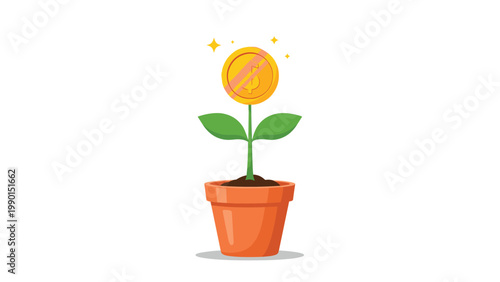 Conceptual illustration of a small green plant growing in an orange terracotta pot with a large gold dollar coin as the flower head.