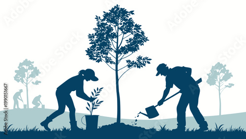 A vector graphic illustration of people planting and watering trees in a park