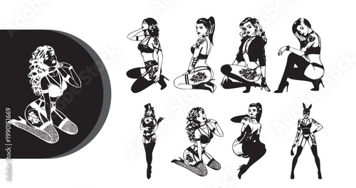 A collection of black and white illustrations of women in various poses and outfits