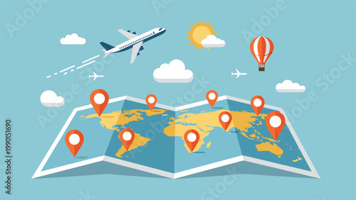 Travel and tourism concept featuring a world map with red location pins, a flying airplane, and a colorful hot air balloon in a blue sky.