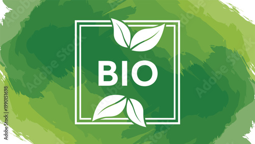 Organic and natural product concept with the word BIO inside a white square frame decorated with leaves on a green watercolor background.