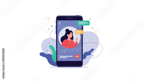 Smartphone screen displays a video call with a young woman surrounded by speech bubbles and floating stars and icons.