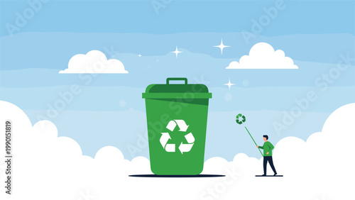 Giant green recycling bin stands under a blue sky with a tiny person holding a small recycling icon next to it.
