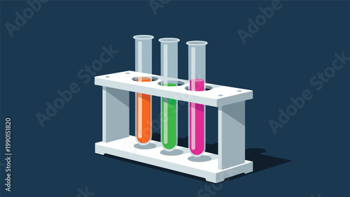 Three glass test tubes filled with orange green and pink liquids sit in a white laboratory rack against a dark background.
