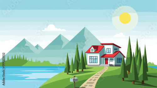 Modern white house with a red roof sits on a green hill by a blue lake with majestic grey mountains in the distance.