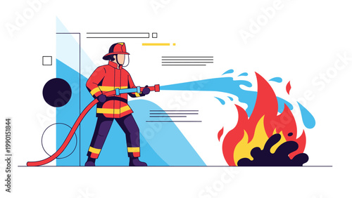 Brave firefighter in full protective gear using a powerful water hose to extinguish a large fire against a modern background.