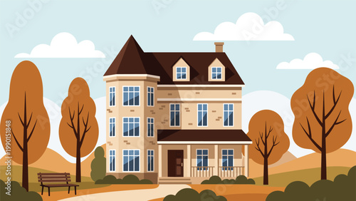 Grand two story house stands amidst autumn trees with orange leaves and a small wooden bench in the front yard area.