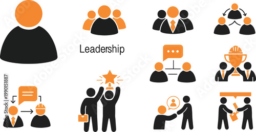 Business Leadership and Team Management Icon Set with Corporate Success, Professional Mentorship, Human Resources, and Partnership Symbols