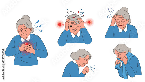 Elderly woman experiencing various health problems including severe chest pain, headache, dizziness, and a persistent cough.