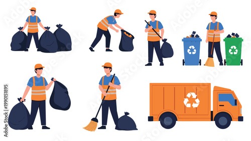 Team of sanitation workers performing waste management tasks including sweeping, carrying trash bags, and operating a garbage truck.