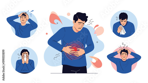 Young man showing several symptoms of illness such as severe stomach pain, headache, sneezing, and feverish discomfort.