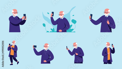 Collection of an elderly man in different poses while using a mobile smartphone for communication, photography, and browsing.