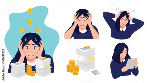 Overwhelmed businesswoman feeling stressed while surrounded by large stacks of paperwork and scattered coins on her desk.