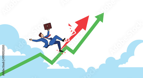 Financial crisis and business failure concept showing businessman falling while a green upward arrow breaks into a red downward arrow.
