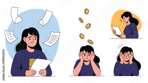Stressed woman handles unpaid bills and financial debt as gold coins fall around her in this conceptual illustration.