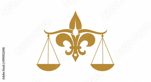 Scales icon with fleur de lis symbol and gold balancing pans for justice law legal emblem design featuring balance, courthouse, court with heraldry