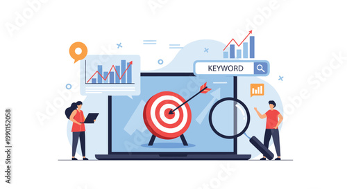Search engine optimization and keyword targeting showing characters with magnifying glass and archery target on a laptop.